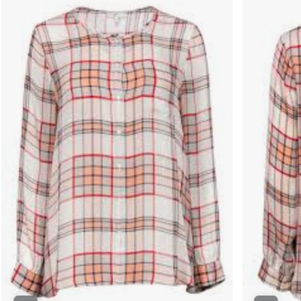 Joie - White, Red & Peach Plaid Button-Up Long Sleeve Silk Blouse Sz XS
